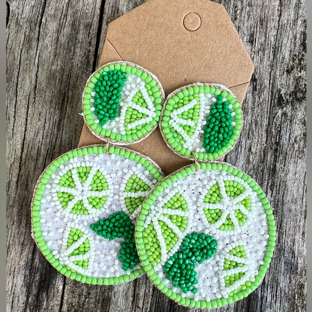 Green and White Beaded Earrings